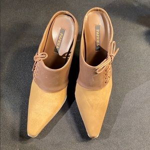 Brown suede, laced, slip on heels